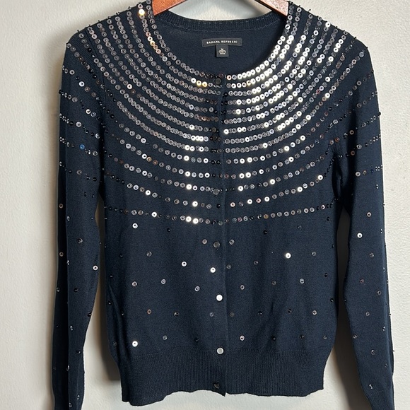 Banana Republic Navy Merino Wool Sequin Cardigan size M- like new - Picture 2 of 12